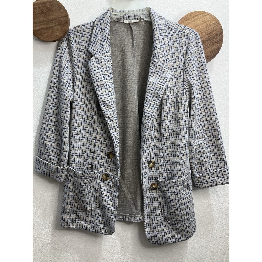 Maurices Small Gray Blue Houndstooth Plaid Blazer Jacket 3/4 Sleeve Preppy